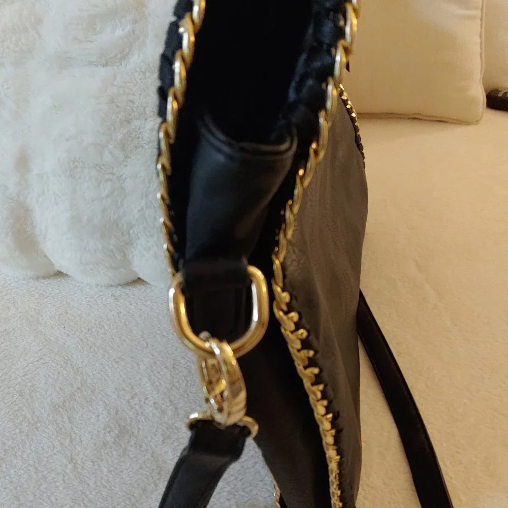 Designer Style Stella McCartney Style Crossbody Clutch Bag Black Gold Chain - Picture 7 of 15